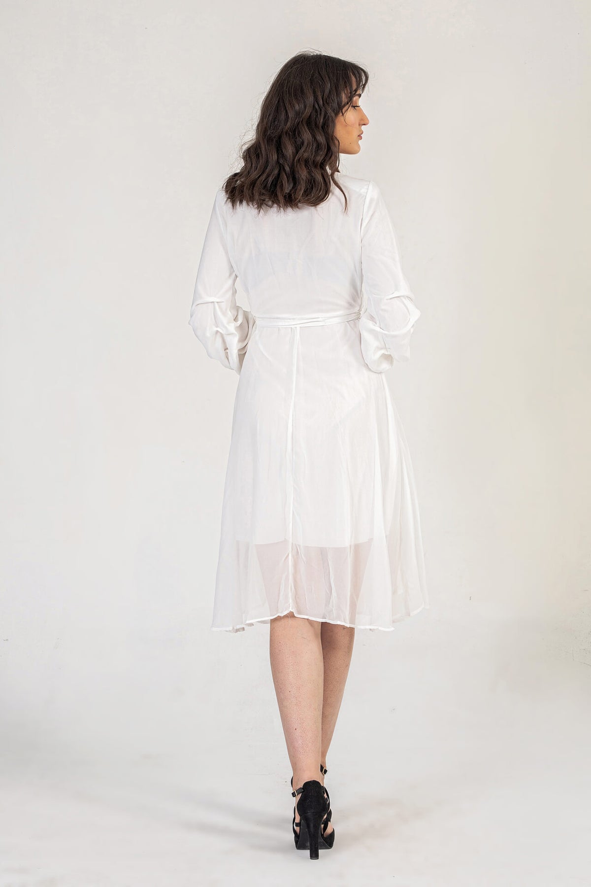 White Midi Dress With Ruched Sleeves