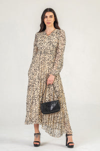 Wrap Front Maxi Dress With Long Sleeves In Cream Leopard Print