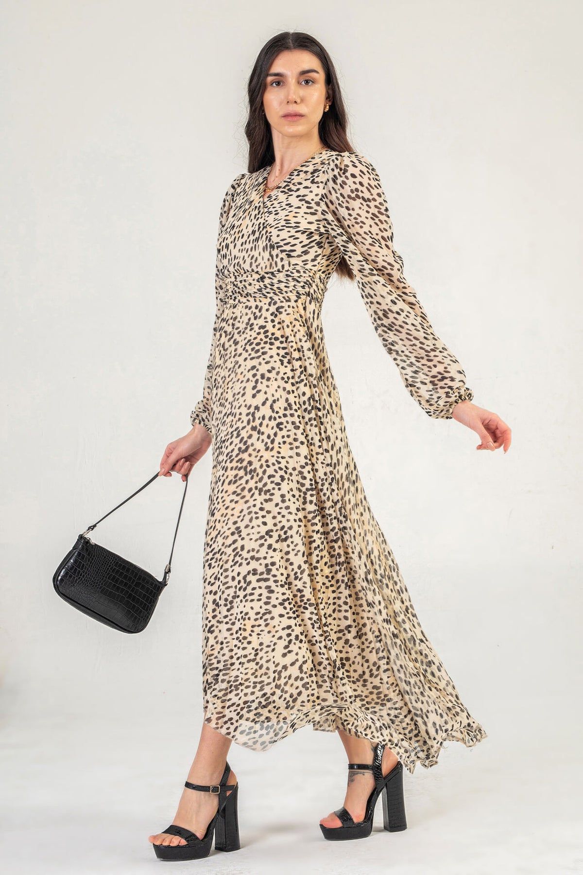Wrap Front Maxi Dress With Long Sleeves In Cream Leopard Print