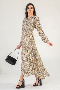 Wrap Front Maxi Dress With Long Sleeves In Cream Leopard Print