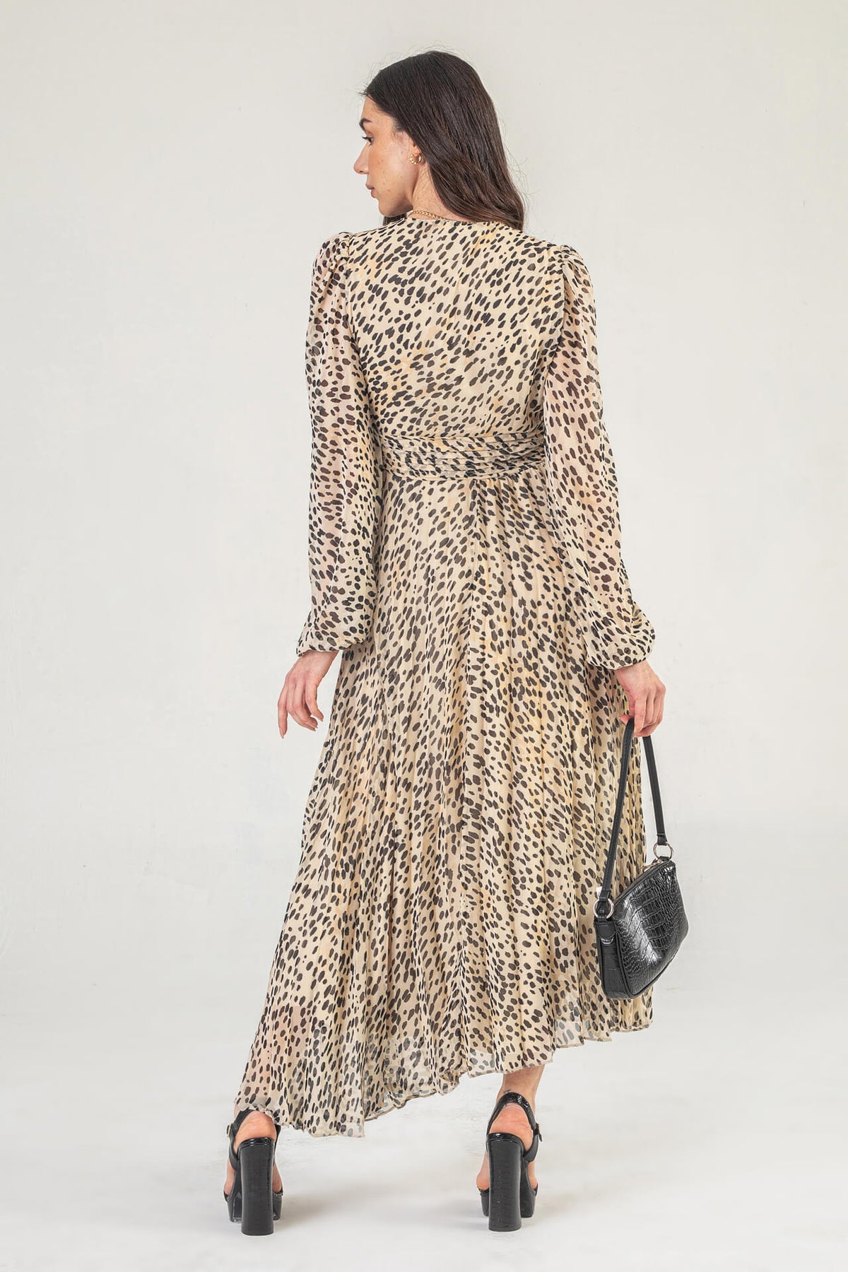 Wrap Front Maxi Dress With Long Sleeves In Cream Leopard Print